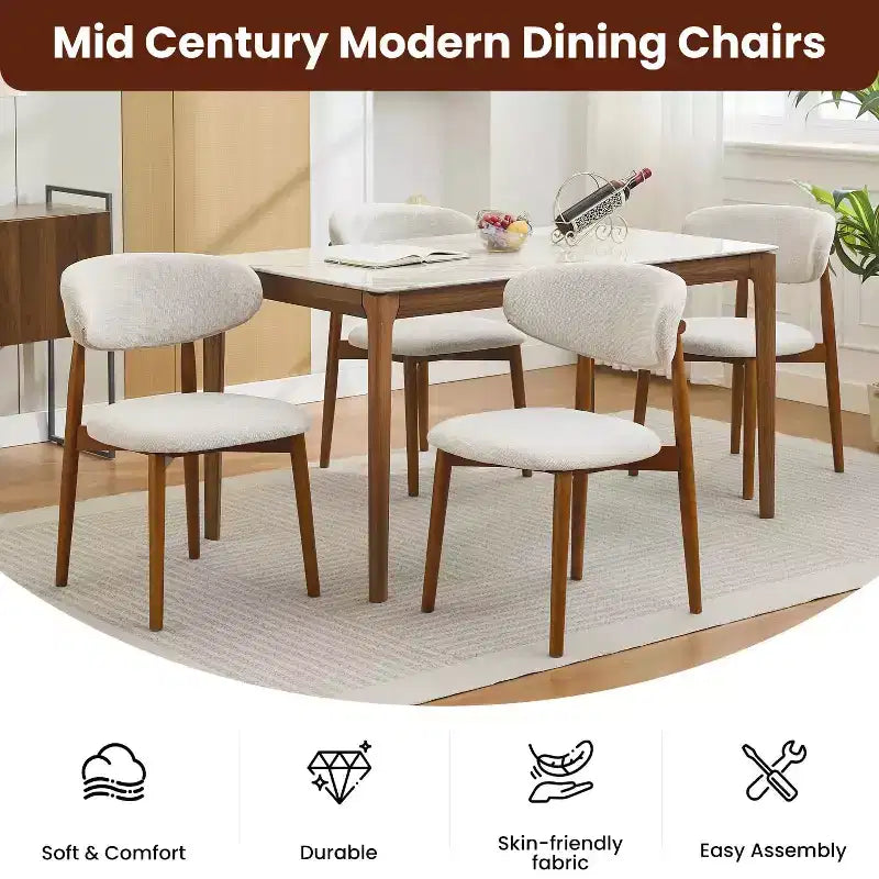 Set van 4 eetkamerstoelen, modern gestoffeerd ontwerp uit het midden van de eeuw, landelijke keukenstoelen met gewatteerde stoffen zitting en houten poten, beige