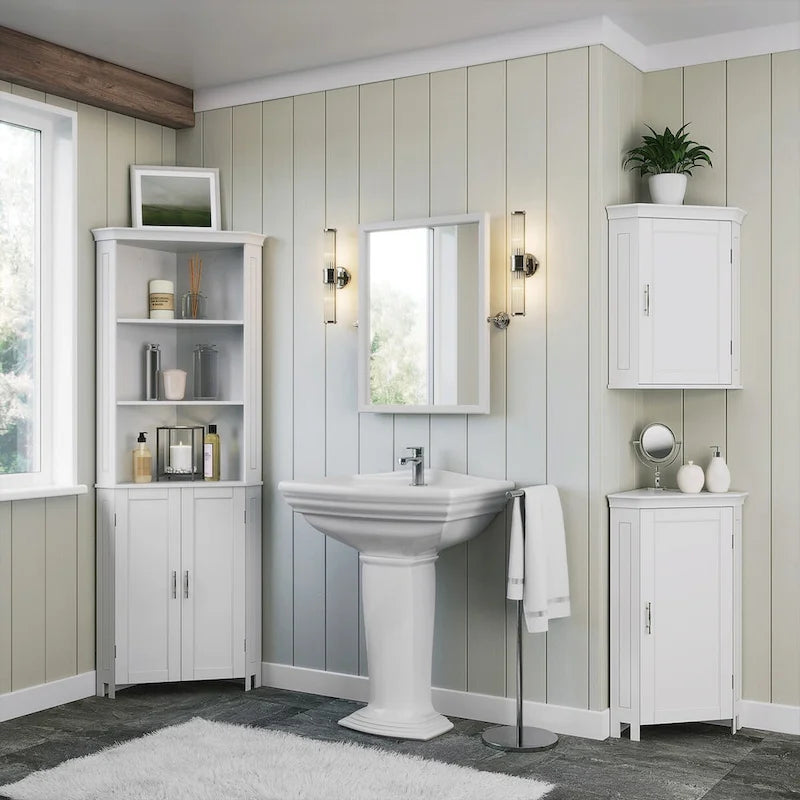 Armario esquinero de almacenamiento para baño Somerset de RiverRidge, organizador de suelo con puertas y un estante ajustable - blanco