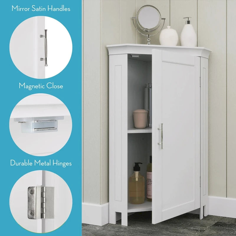 Armario esquinero de almacenamiento para baño Somerset de RiverRidge, organizador de suelo con puertas y un estante ajustable - blanco