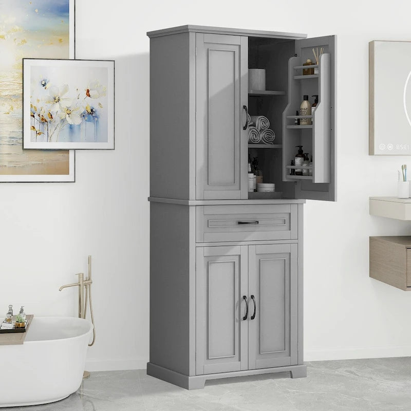 Armario de almacenamiento para baño con puertas y cajón, múltiples espacios de almacenamiento y estante ajustable