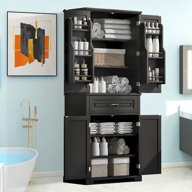 Armario de almacenamiento para baño con puertas y cajón, múltiples espacios de almacenamiento y estante ajustable