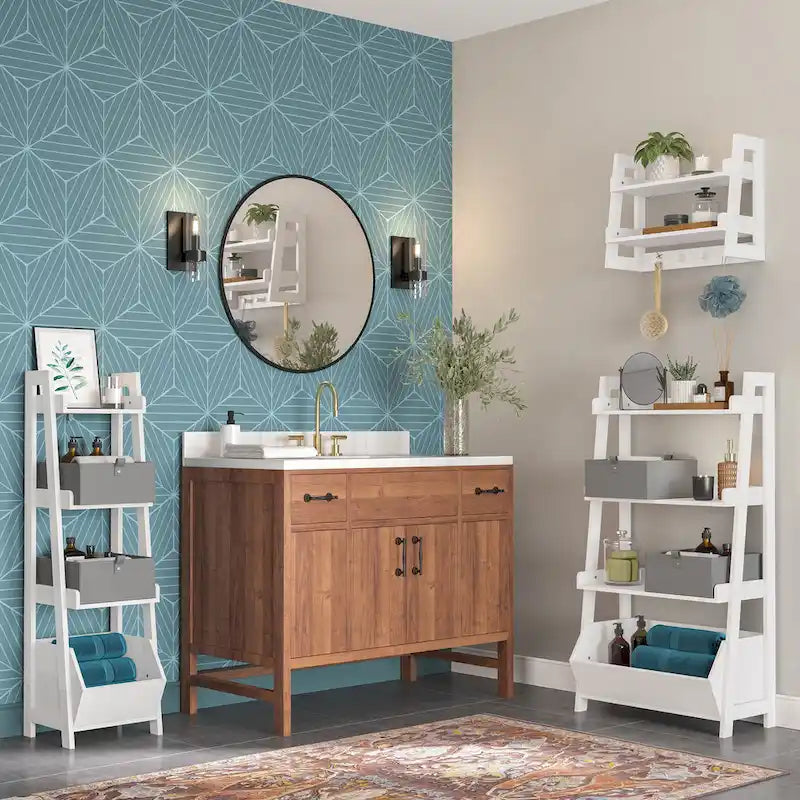 RiverRidge Amery 4-stufiges 24-Zoll-Leiterregal mit Ausstellungsfläche und Aufbewahrungsbox – weiß, mit 2 10-Zoll-Schweberegalen für Bücher
