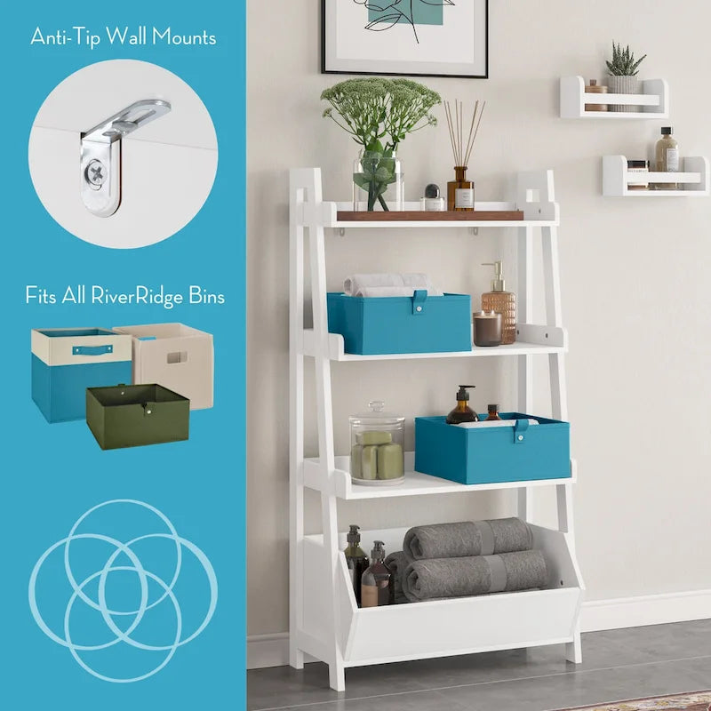 RiverRidge Amery 4-stufiges 24-Zoll-Leiterregal mit Ausstellungsfläche und Aufbewahrungsbox – weiß, mit 2 10-Zoll-Schweberegalen für Bücher
