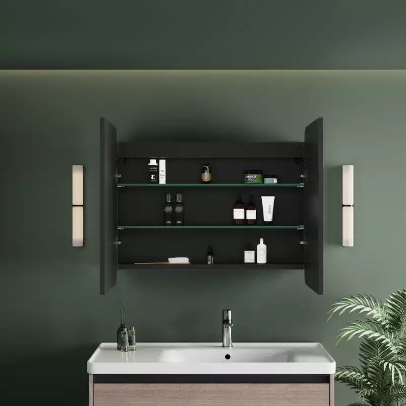 Schwarz/Weiß/Gold LED-Medizinschrank, eine Tür, Anschlag links oder rechts, zum Einbau oder zur Wandmontage