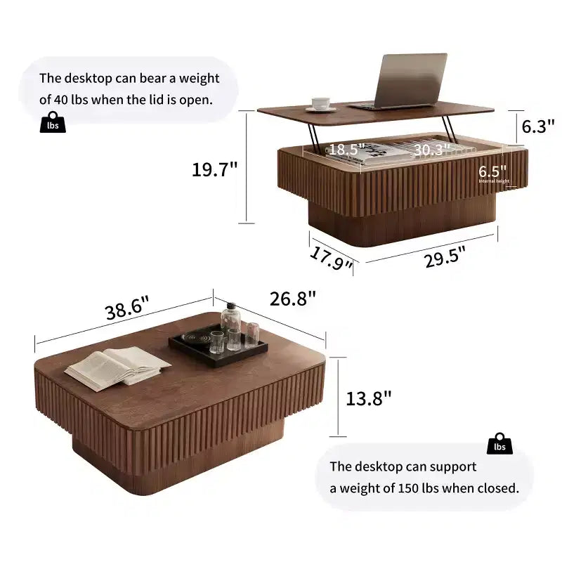 JVNOXK 38,6'' gecanneleerde salontafel met liftblad en opbergruimte, moderne accenttafel van massief houtfineer met verstelbare hoogte voor woonkamer en slaapkamer, walnootkleur