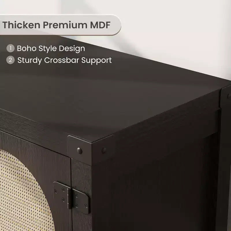 165 cm breiter TV-Schrank im Boho-Stil mit Flechttür – Unterhaltungsschrank aus Holz mit zwei Schränken und verstellbaren Einlegeböden, geeignet für Wohnzimmer