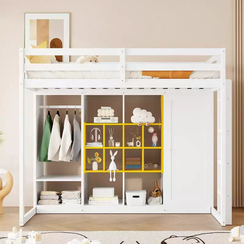 Letto a soppalco per bambini con armadio e mensole, struttura letto a soppalco in legno con mobile contenitore per bambini e ragazzi