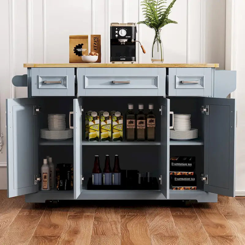 54  Large Kitchen Island with Rubber Wood Drop Leaf, Embossed Texture Rolling Kitchen Cart on 4 Wheels with 4 Doors & 3 Drawers
