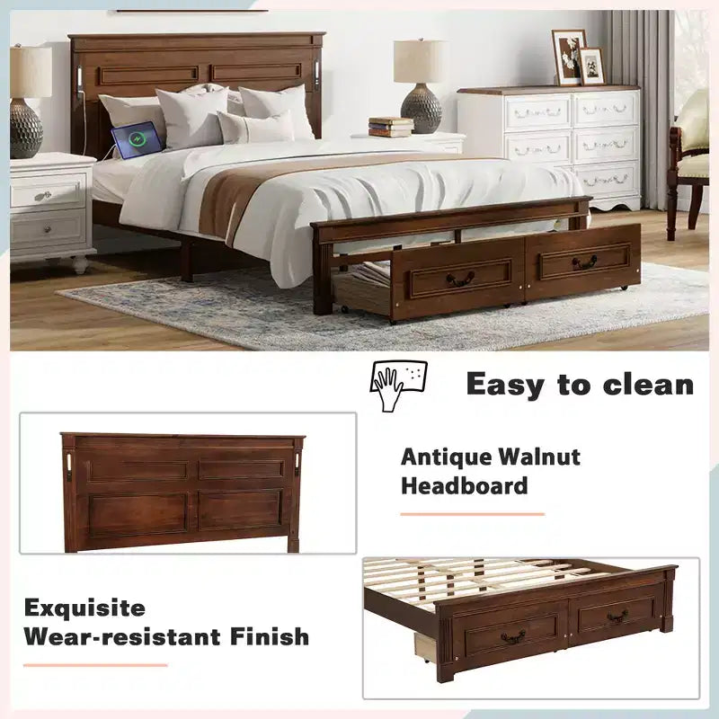ModernLuxe platformbed voor eenpersoons- of tweepersoonsformaat met hoog hoofdbord, rustiek houten bedframe met 2 laden, ledverlichting en USB-poorten