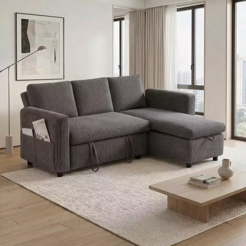 Dyonery 81 Sectional Sleeper Sofa, L-Shaped Pull Out Couch with Reversible Storage Chaise, USB, Reclining Backrest