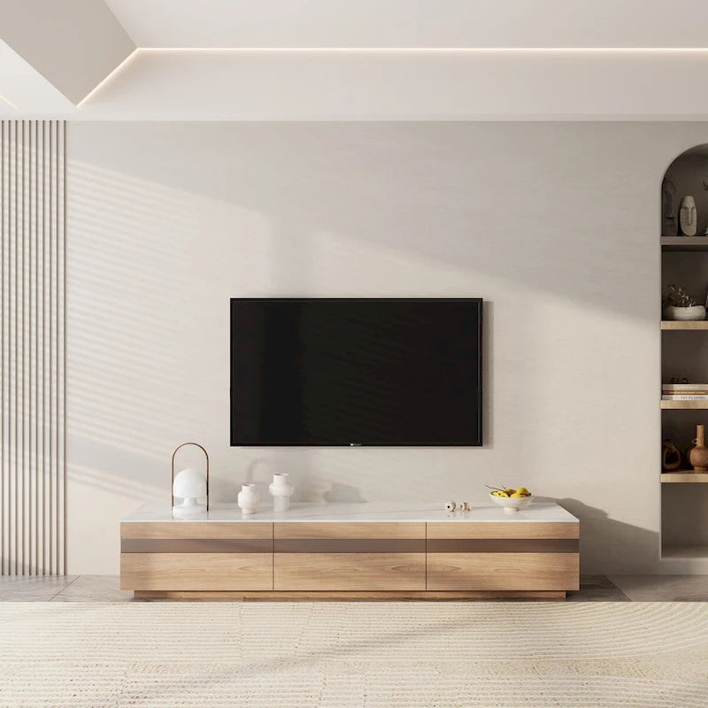 Mobili TV moderni in legno chiaro, piano effetto pietra lucida, 3-6 cassetti, completamente assemblati