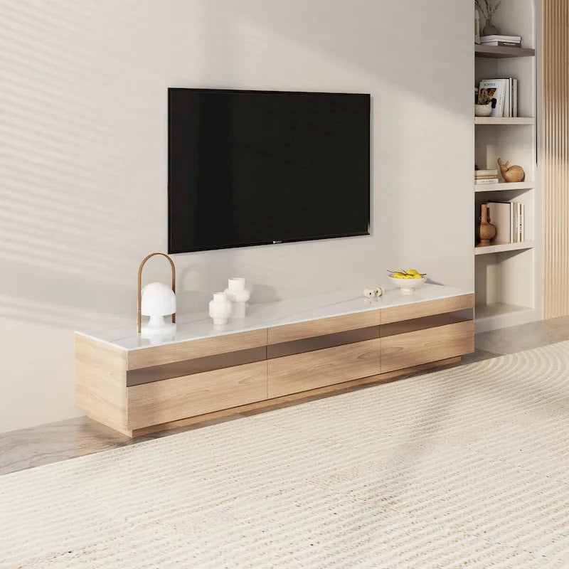 Mobili TV moderni in legno chiaro, piano effetto pietra lucida, 3-6 cassetti, completamente assemblati