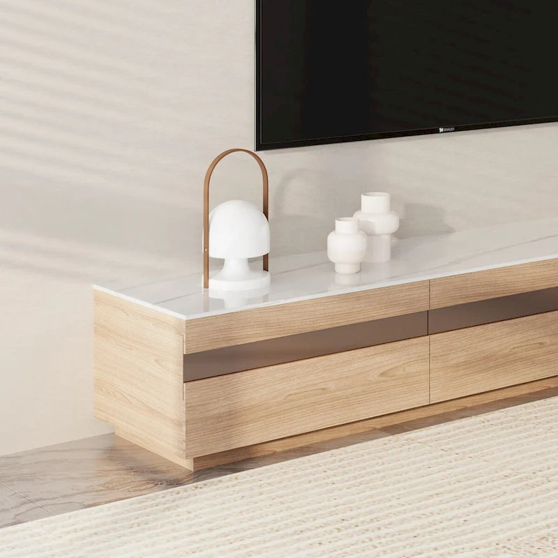 Mobili TV moderni in legno chiaro, piano effetto pietra lucida, 3-6 cassetti, completamente assemblati