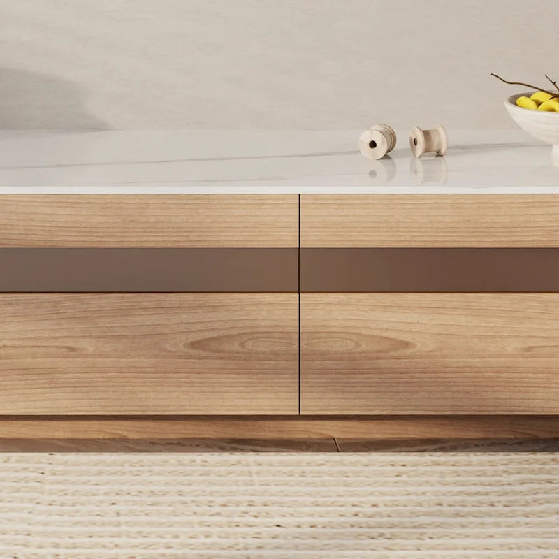Mobili TV moderni in legno chiaro, piano effetto pietra lucida, 3-6 cassetti, completamente assemblati