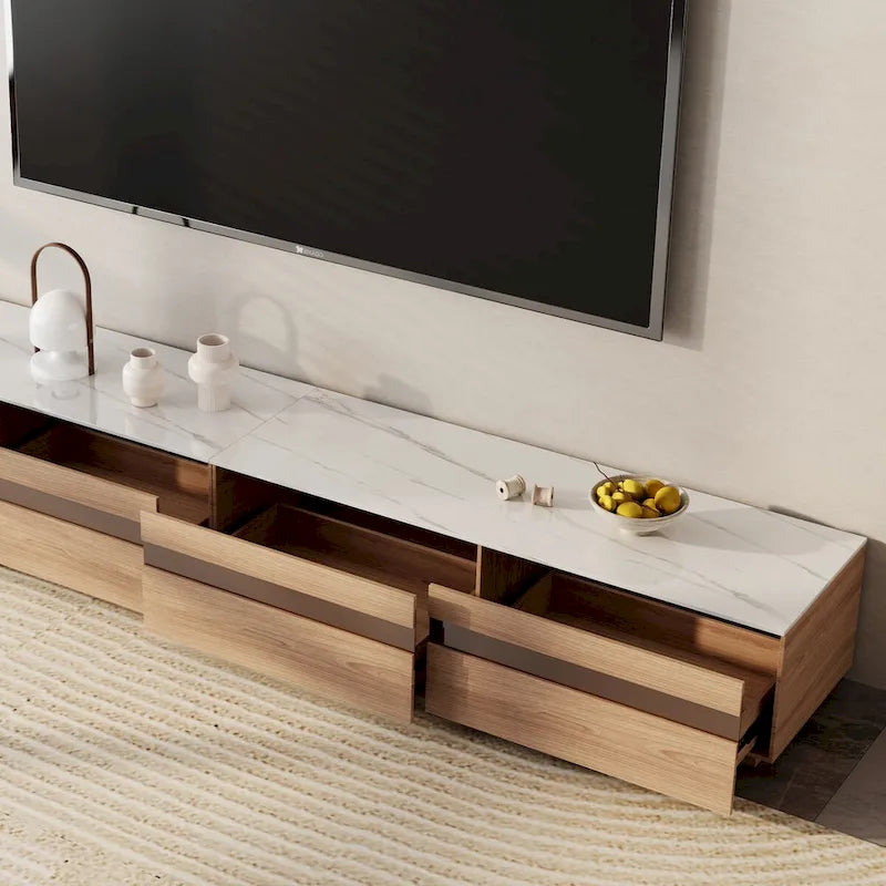 Mobili TV moderni in legno chiaro, piano effetto pietra lucida, 3-6 cassetti, completamente assemblati