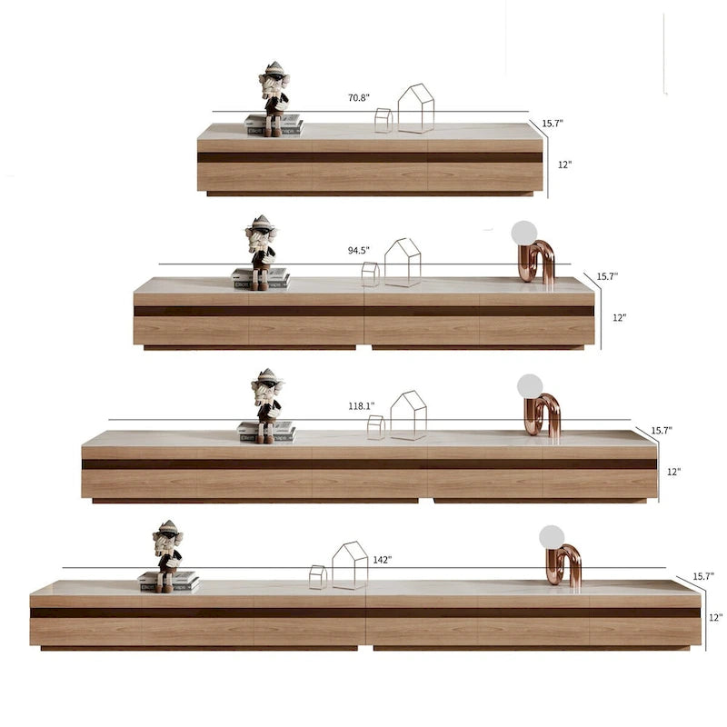 Mobili TV moderni in legno chiaro, piano effetto pietra lucida, 3-6 cassetti, completamente assemblati