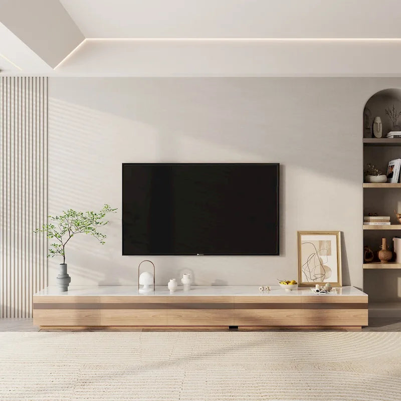Mobili TV moderni in legno chiaro, piano effetto pietra lucida, 3-6 cassetti, completamente assemblati