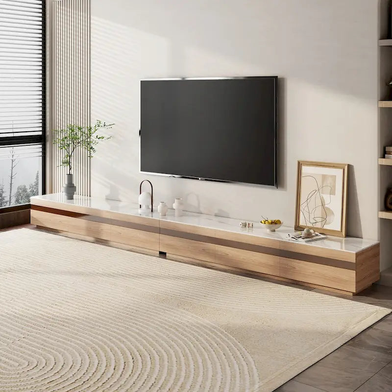 Mobili TV moderni in legno chiaro, piano effetto pietra lucida, 3-6 cassetti, completamente assemblati