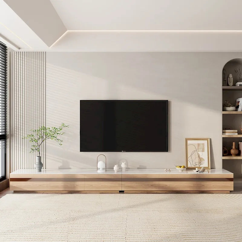 Mobili TV moderni in legno chiaro, piano effetto pietra lucida, 3-6 cassetti, completamente assemblati