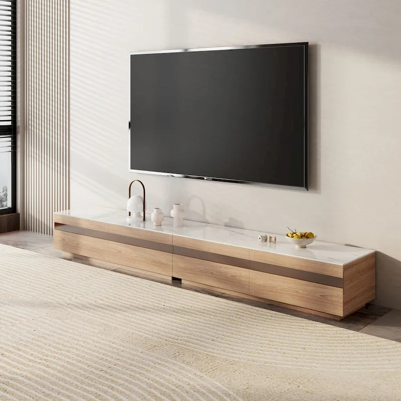 Mobili TV moderni in legno chiaro, piano effetto pietra lucida, 3-6 cassetti, completamente assemblati