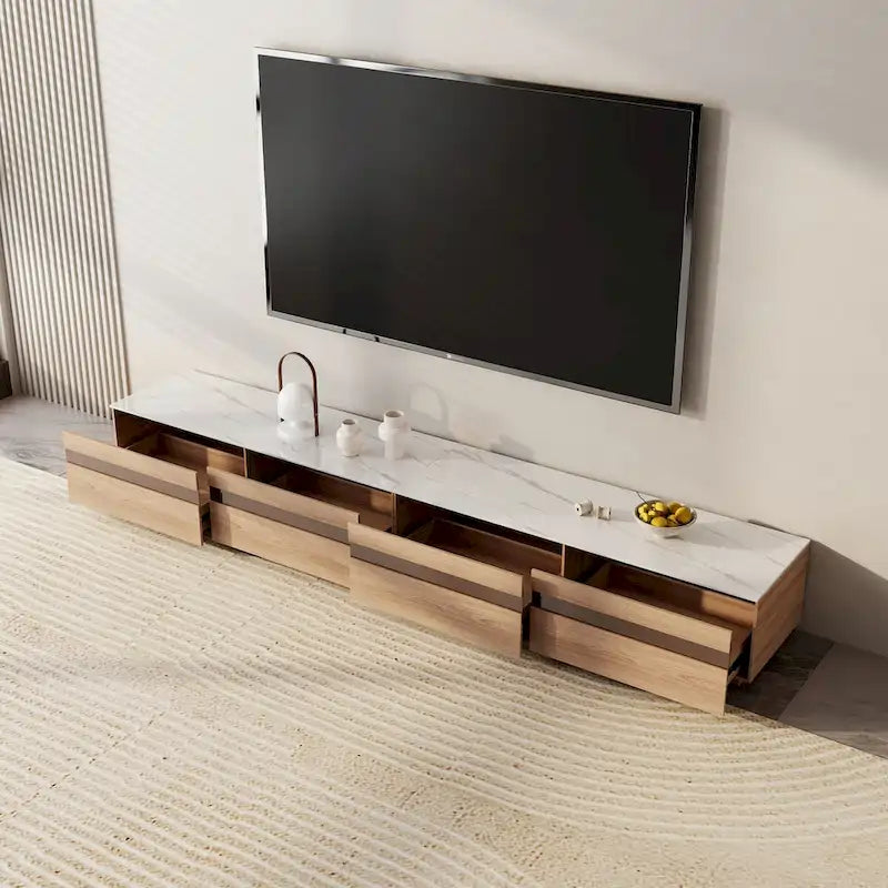 Mobili TV moderni in legno chiaro, piano effetto pietra lucida, 3-6 cassetti, completamente assemblati