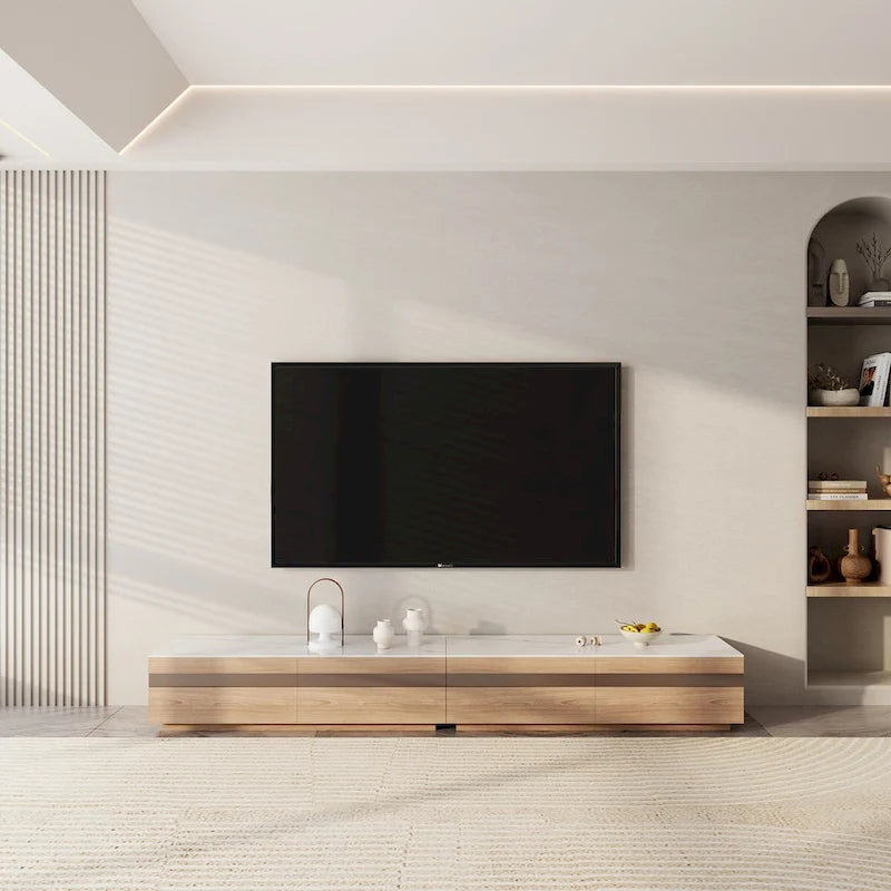 Mobili TV moderni in legno chiaro, piano effetto pietra lucida, 3-6 cassetti, completamente assemblati