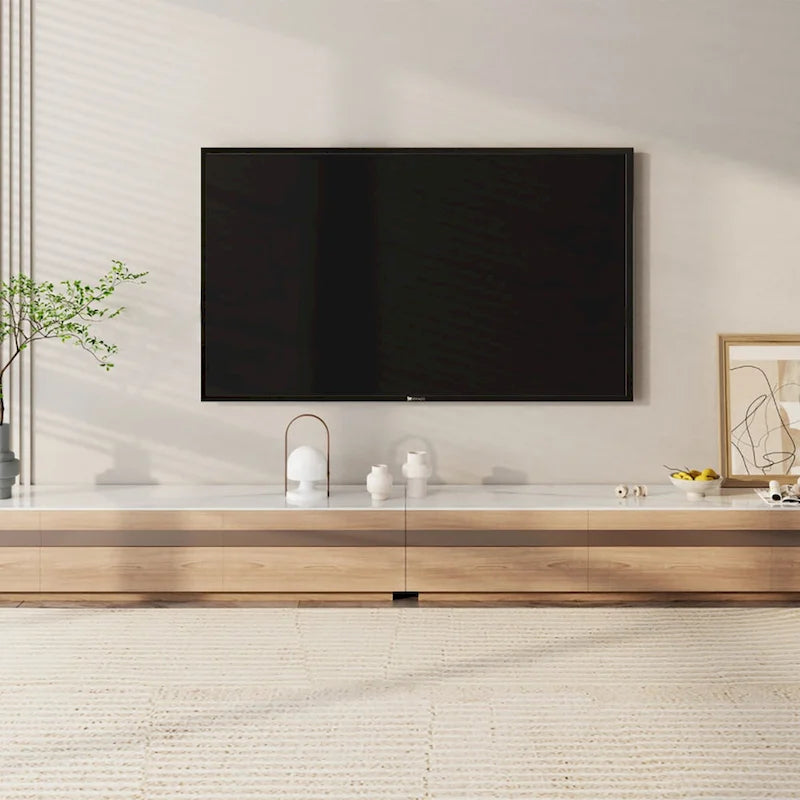 Mobili TV moderni in legno chiaro, piano effetto pietra lucida, 3-6 cassetti, completamente assemblati