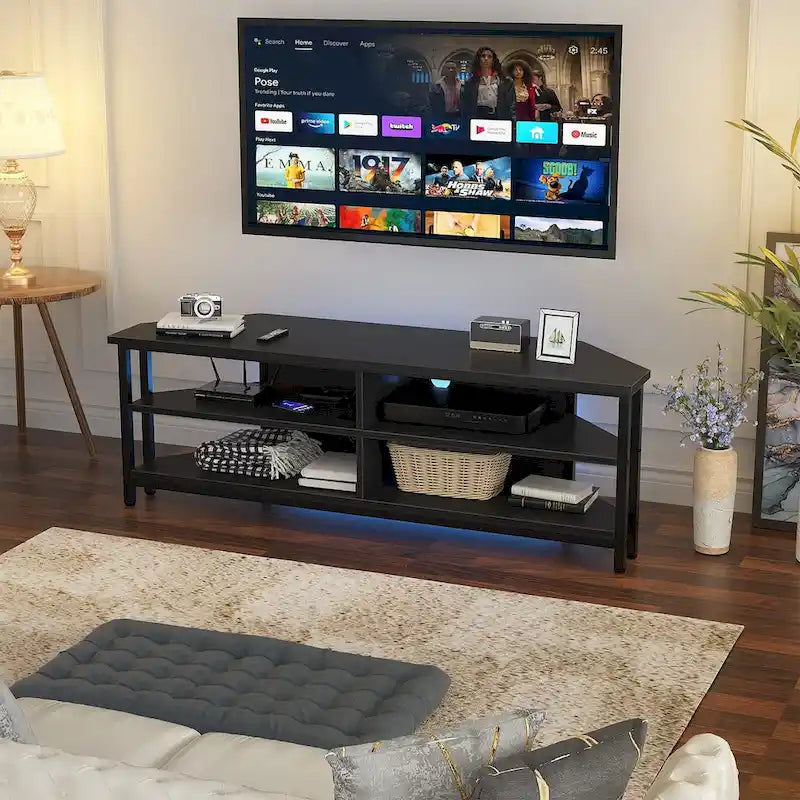 Maalaistyylinen puinen kulma-TV-taso pistorasialla, tilaa säästävä viihdekeskus ja TV-konsolipöytä