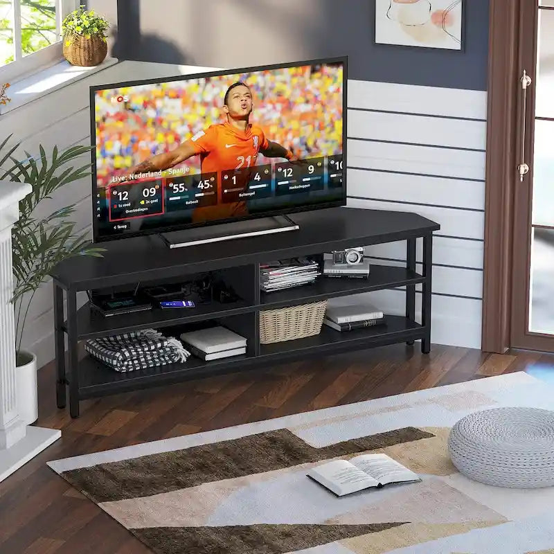 Maalaistyylinen puinen kulma-TV-taso pistorasialla, tilaa säästävä viihdekeskus ja TV-konsolipöytä