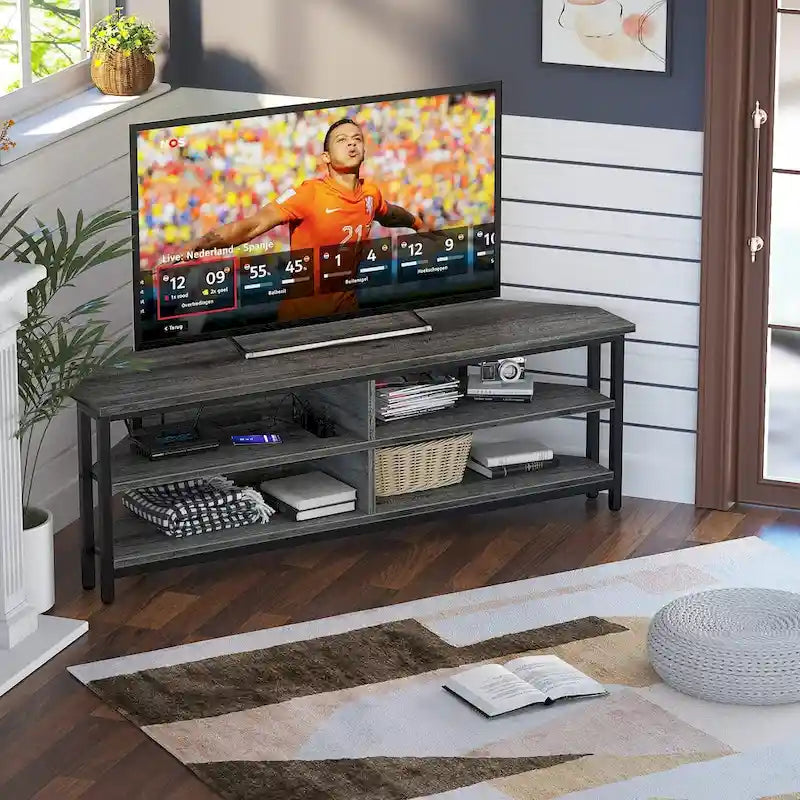 Maalaistyylinen puinen kulma-TV-taso pistorasialla, tilaa säästävä viihdekeskus ja TV-konsolipöytä
