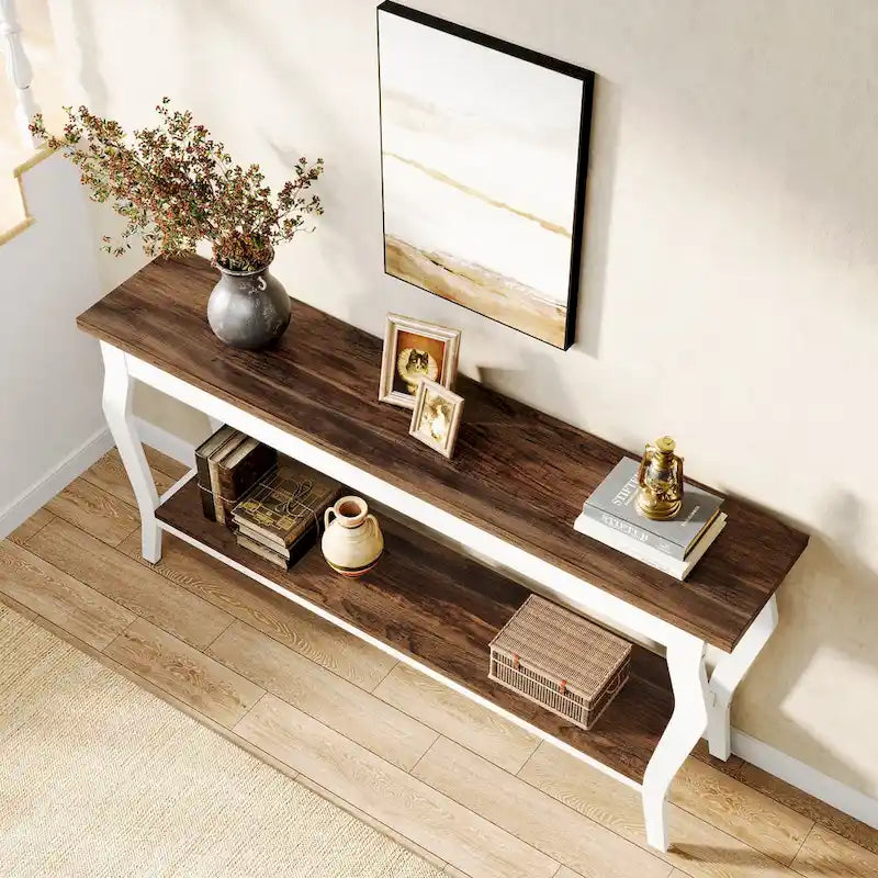 Table console étroite et longue à 2 niveaux pour entrée et salon