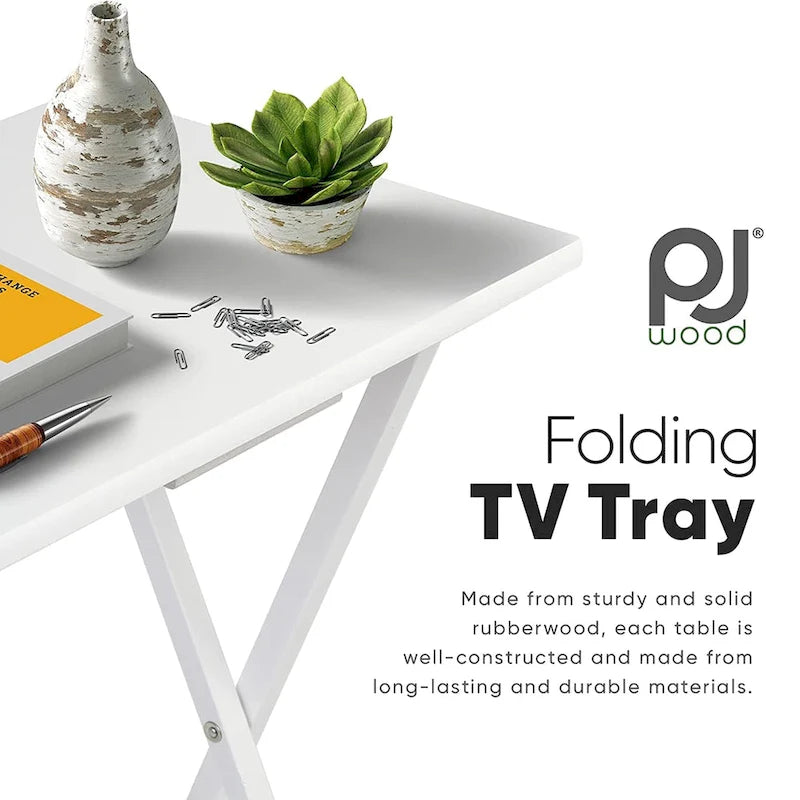Table-plateau TV pliante compacte et tables à collations en bois massif PJ Wood, blanches, ensemble de 2 pièces - 18.44