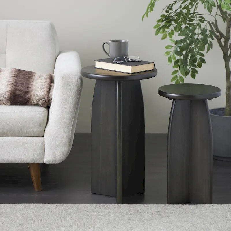 Ensemble de 2 tables d’appoint décoratives à piédestal en bois, noires ou brunes - Roche River Decor