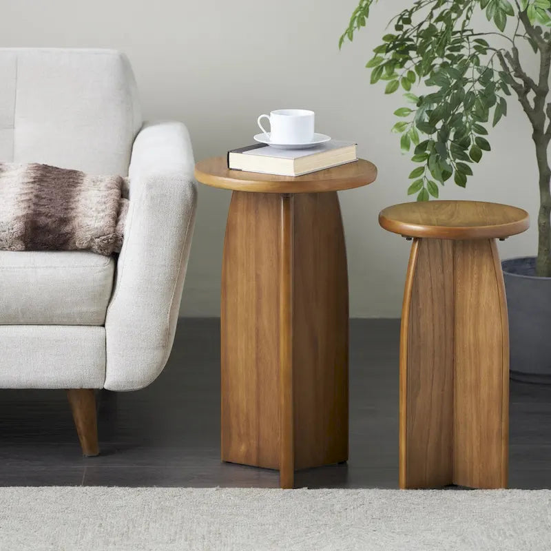 Ensemble de 2 tables d’appoint décoratives à piédestal en bois, noires ou brunes - Roche River Decor
