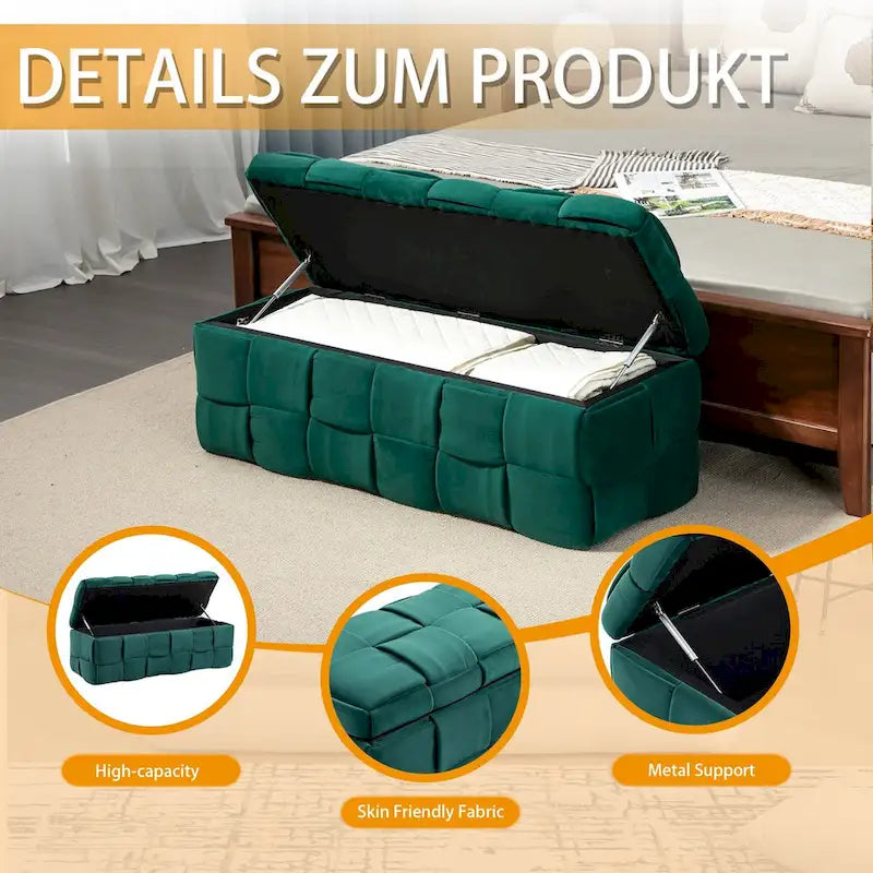 Velvet Upholstered Storage Ottoman Bench with Safety Hinge for Living Room,Bedroom