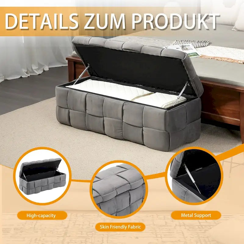 Velvet Upholstered Storage Ottoman Bench with Safety Hinge for Living Room,Bedroom