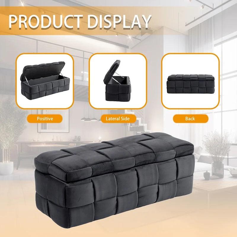 Velvet Upholstered Storage Ottoman Bench with Safety Hinge for Living Room,Bedroom