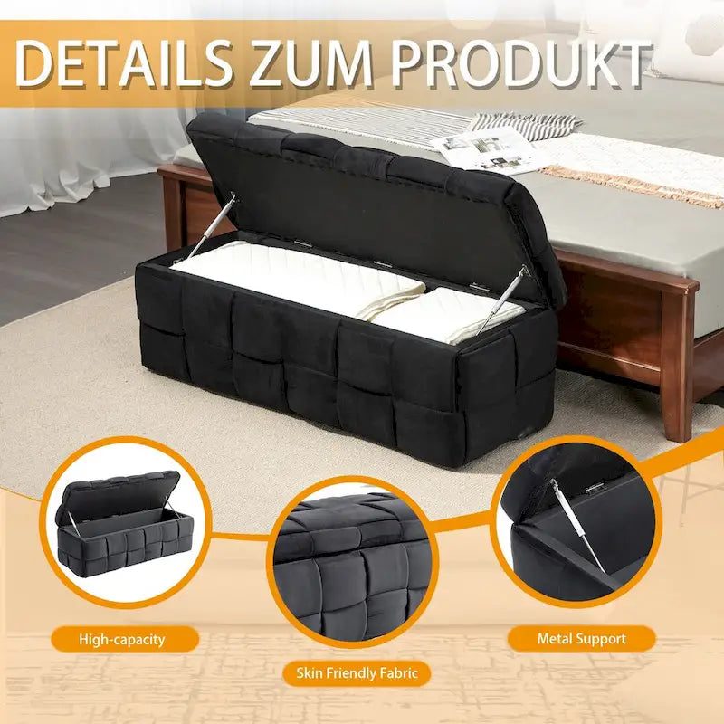 Velvet Upholstered Storage Ottoman Bench with Safety Hinge for Living Room,Bedroom