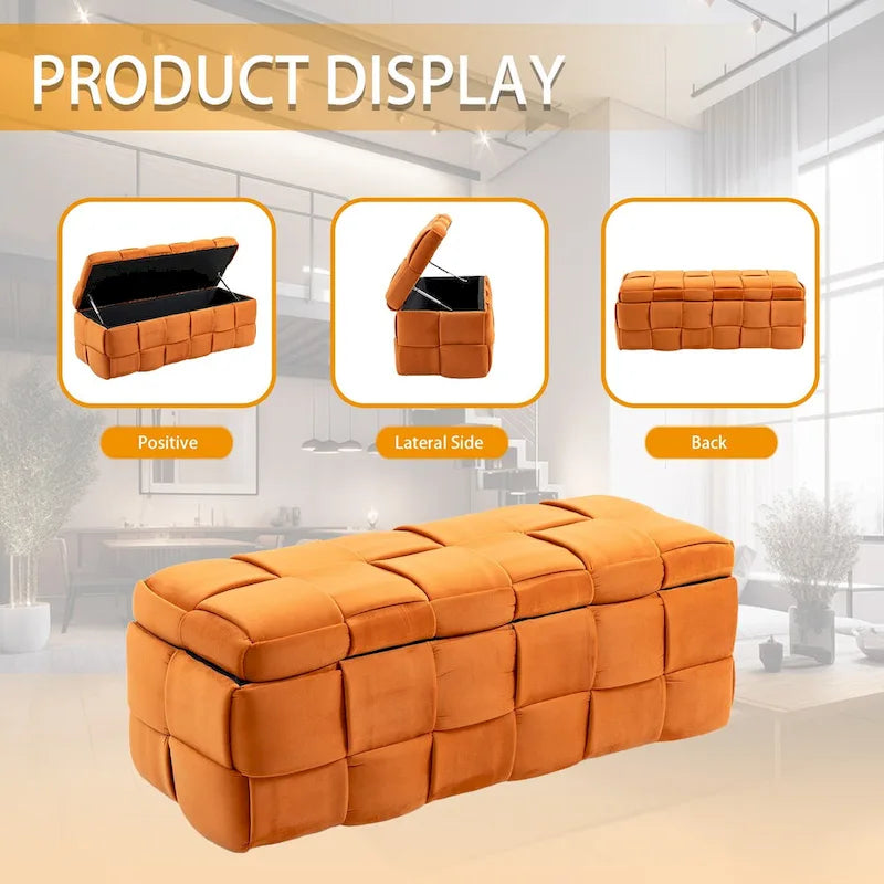 Velvet Upholstered Storage Ottoman Bench with Safety Hinge for Living Room,Bedroom