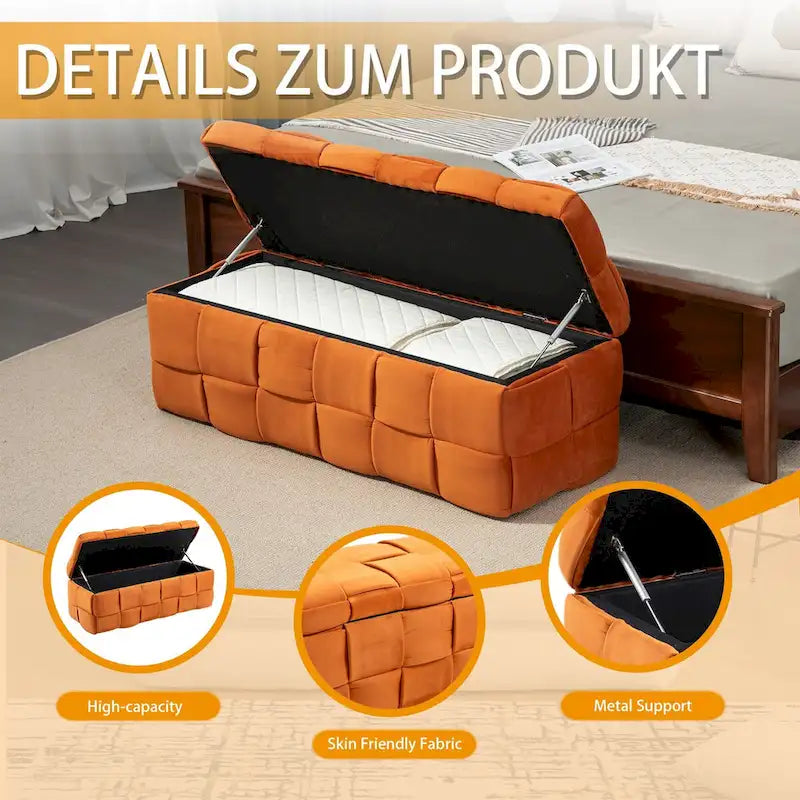 Velvet Upholstered Storage Ottoman Bench with Safety Hinge for Living Room,Bedroom