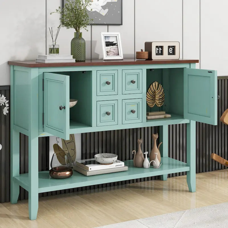 Vintage blauwe buffetkast, dressoir en consoletafel met onderste plank