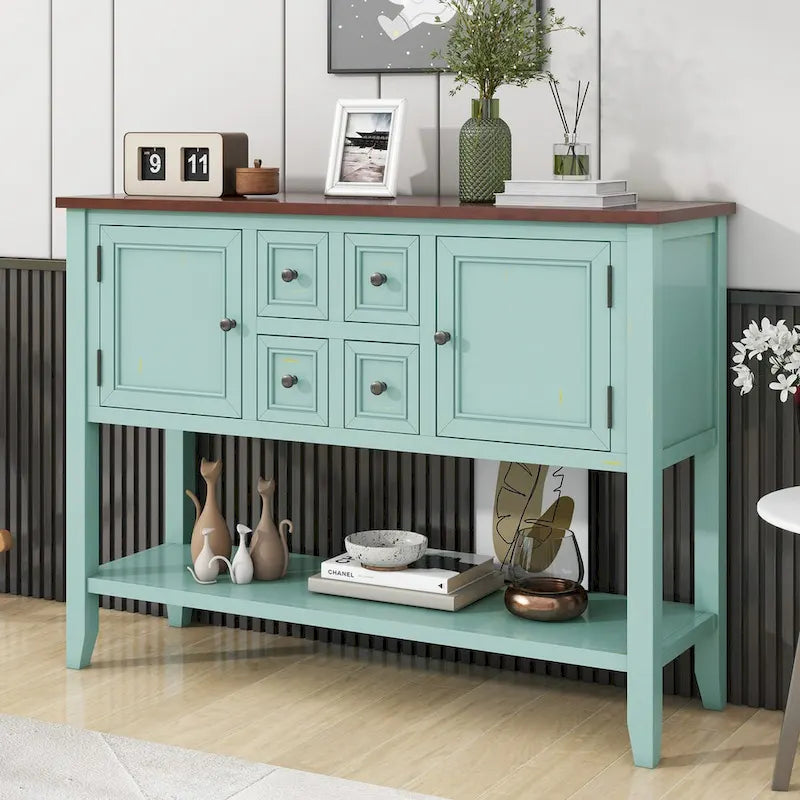 Vintage blauwe buffetkast, dressoir en consoletafel met onderste plank