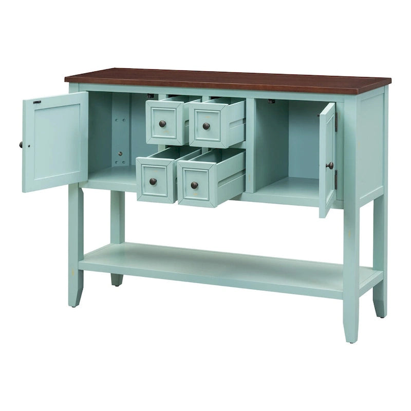 Vintage blauwe buffetkast, dressoir en consoletafel met onderste plank