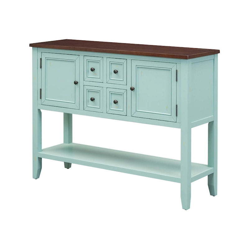 Vintage blauwe buffetkast, dressoir en consoletafel met onderste plank