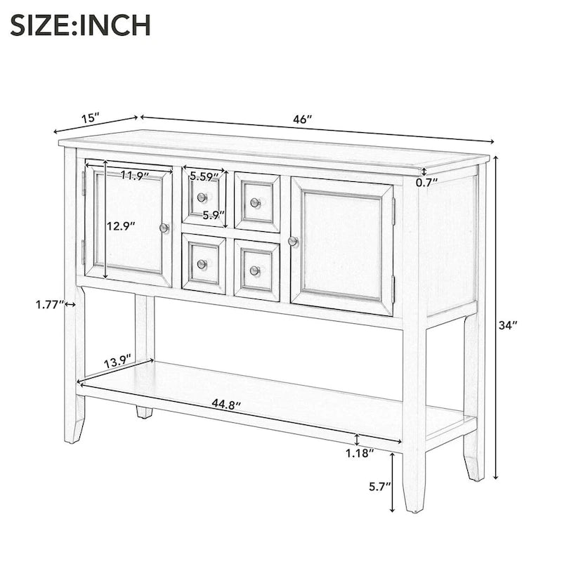 Vintage blauwe buffetkast, dressoir en consoletafel met onderste plank