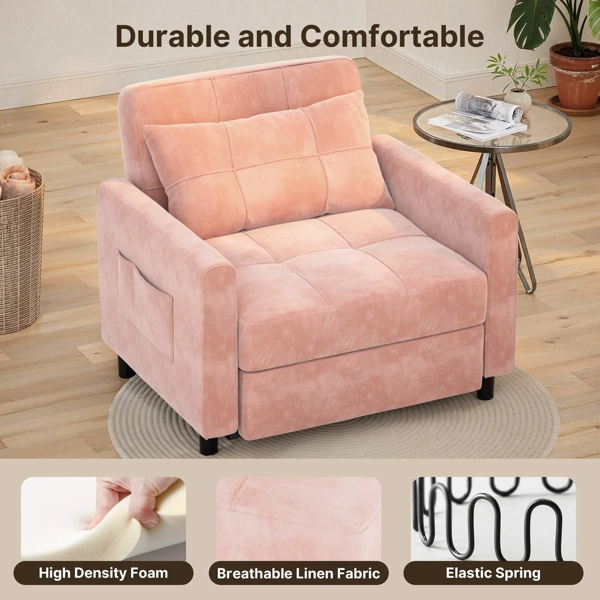 3-in-1-Schlafsofa mit verstellbarer Rückenlehne, ausziehbarer Sessel, umwandelbares Klappbett fürs Wohnzimmer