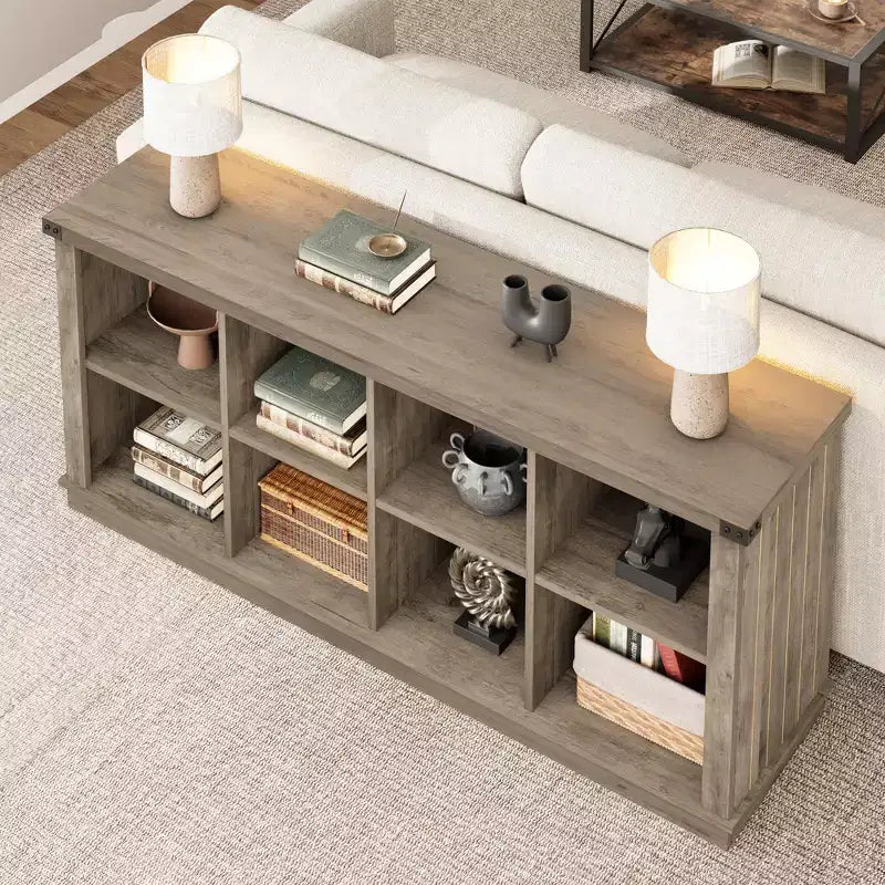 8 Cube Storage Organizer Bookshelf, Farmhouse Horizontal Bookcase, 62 Inch Wood Storage Bookcase for Entryway, Long Low Bookshelves for Living Room