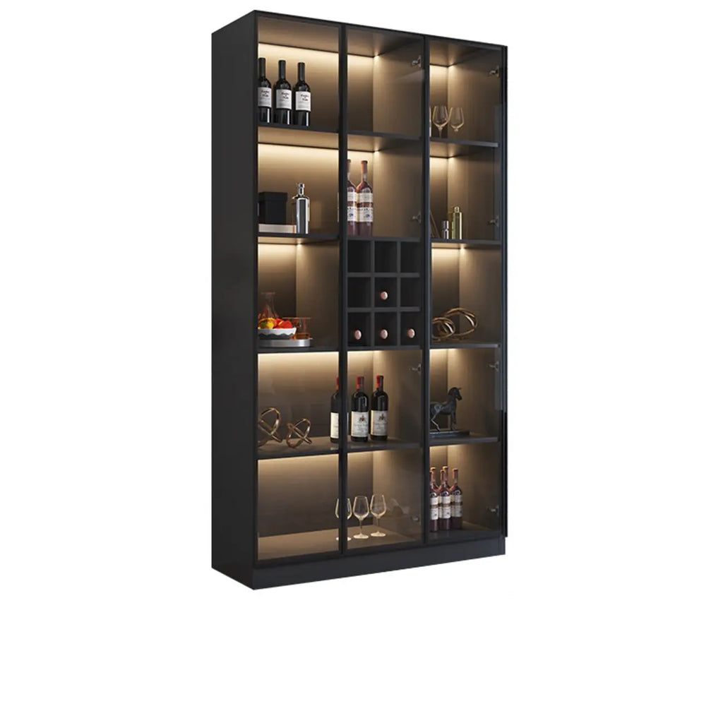 Minimalistischer schwarzer Weinschrank aus Holz mit Glastür