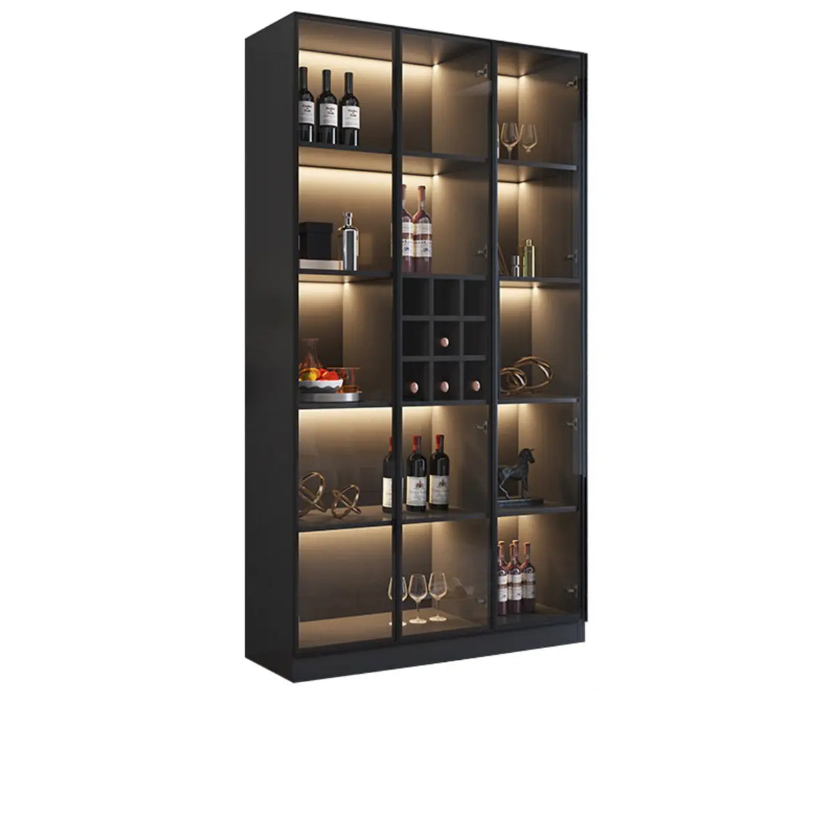 Minimalistischer schwarzer Weinschrank aus Holz mit Glastür