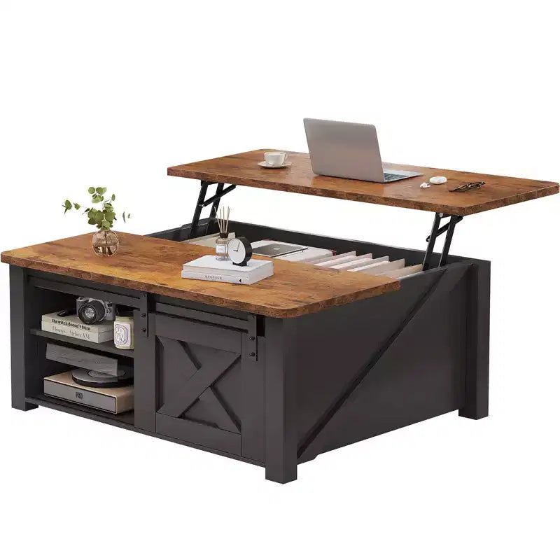 JIONJOY salontafel van 31,5 inch met opklapbaar blad en grote verborgen opbergruimte, verstelbare planken, vierkante landelijke salontafel voor de woonkamer en kleine ruimtes